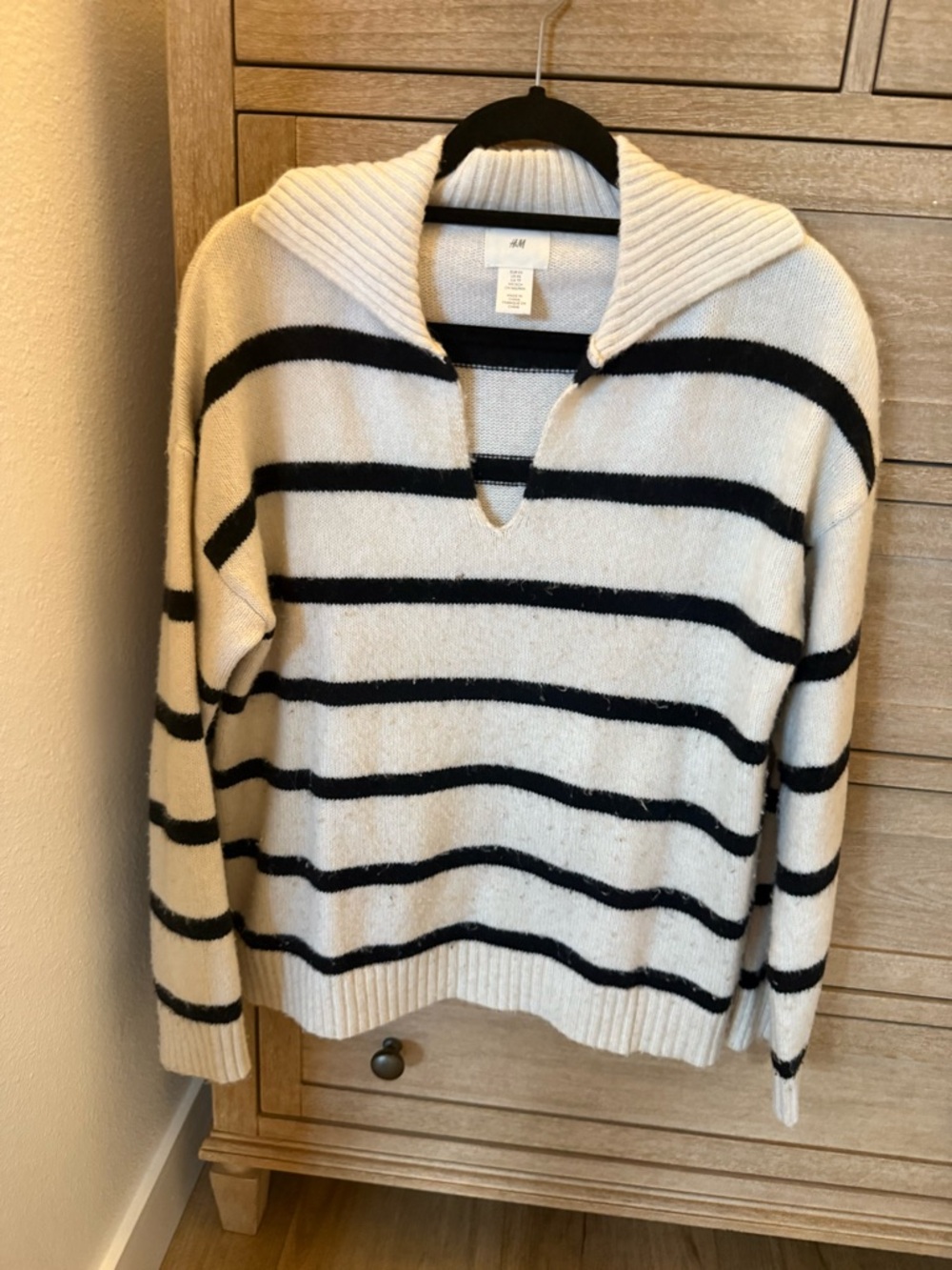 H&M Cream and Black Striped Knit Pullover with V-Notch Collar